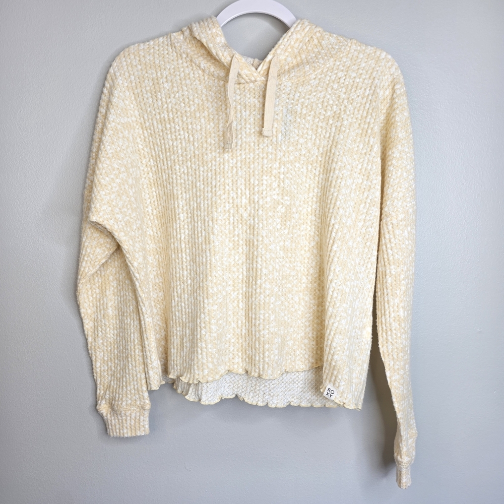 ROXY Cream & Yellow Waffle Knit Cropped Hoodie Pullover NWT sz M